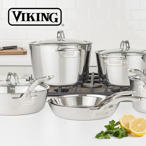 Viking Contemporary 3-Ply Pots and Pans Set, 10 Piece Stainless Steel Kitchen Cookware, Silver