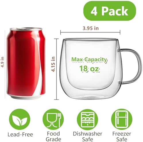 4 Pack Double Walled Glass Coffee Mugs, 16 oz Large Insulated Clear Coffee Cups with Handle, Cappuccino Mug for Espresso, Latte, Americano, Tea Bag