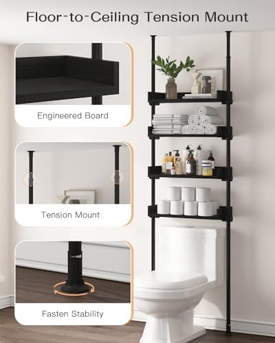 ALLZONE Bathroom Organizer, Over The Toilet Storage, 4-Tier Adjustable Wood Shelves for Small Rooms, Saver Space Rack, 92 to 116 Inch Tall