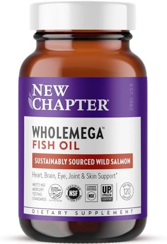 New Chapter Wholemega Fish Oil Supplement - 2000mg per Serving, Clinically Proven Wild Alaskan Salmon Oil with Omega-3 + Vitamin D3 + Astaxanthin, 120 Softgels
