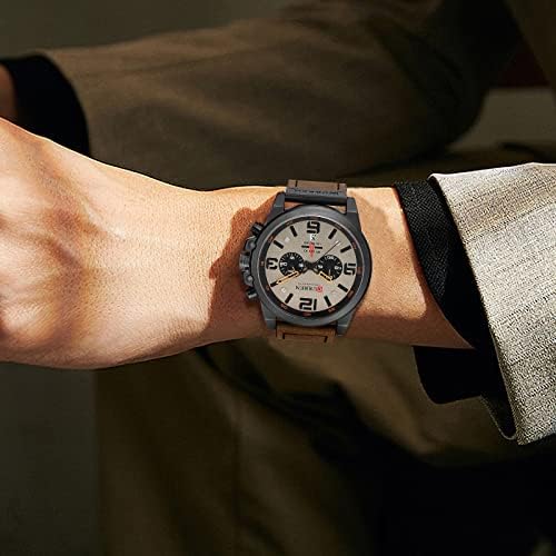 FANMIS Mens Classic Analog Quartz Chronograph Sandwich Dial Leather Watch