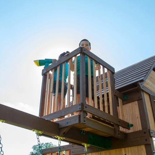 Backyard Discovery Skyfort All Cedar Swing Set, Elevated Covered Wood Roof Clubhouse with Bay Windows, 2 Belt Swings, Web Swing, 10ft Wave Slide