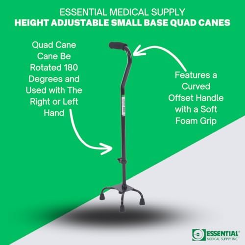 Essential Medical Supply Small Base Quad Cane in Black - Height Adjustable Walking Cane, Sturdy and Durable Walking Cane for Improved Mobility and Stability with 4 Prong Base and Rubber Tips