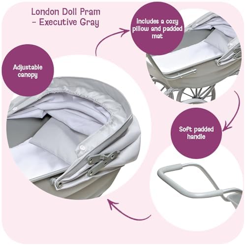 Badger Basket London Doll Pram Stroller with Canopy & Sturdy Handle - Gray | Fits 18-20" dolls, adjustable canopy, sturdy handle