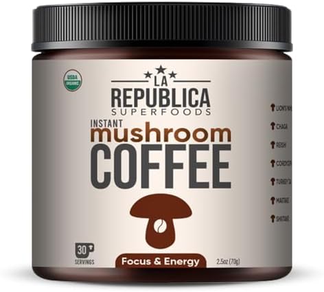 La Republica Organic Mushroom Coffee (30 Servings) Made with Full-Fruiting Bodies, Arabica Shade-Grown with Lion's Mane, Reishi, Chaga
