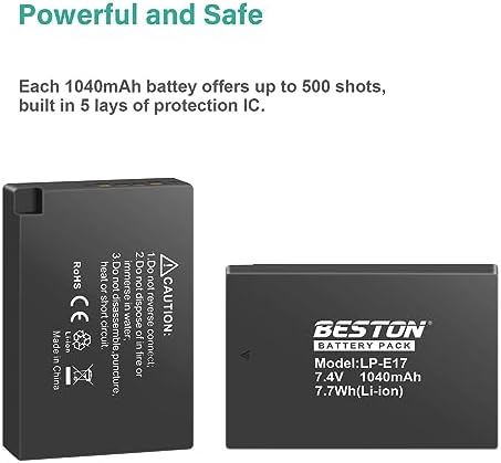 BESTON 2-Pack LP-E17 Battery and Charging Base for Canon EOS R50 R100 RP R10 R8, Rebel T8i, T7i, T6i, T6s, SL2, SL3, Powershot V1, EOS M3, M5