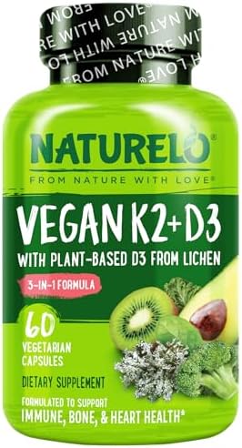NATURELO Vitamin D3 K2, Vegan K2+D3 Supplement, 60 Capsules