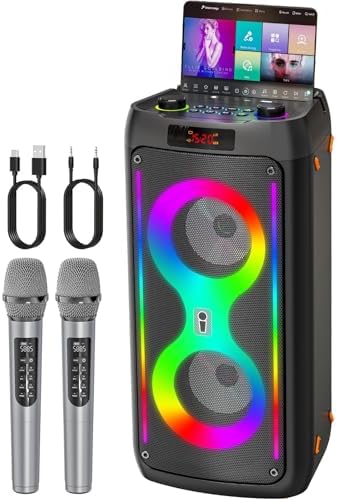 Karaoke Machine with 2 Wireless Mics, Portable Speaker for Party & Outdoor