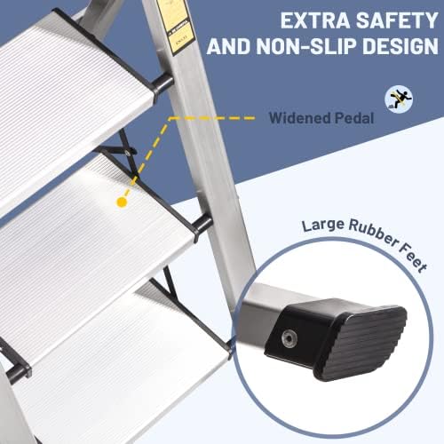 XinSunho 3 Step Ladder, Aluminum Folding Stool with Retractable Handgrip