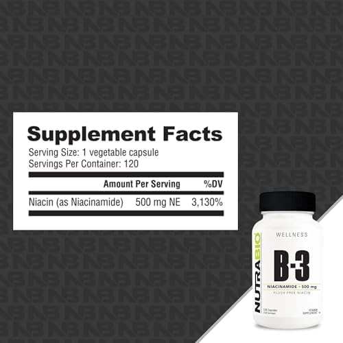 NutraBio Niacinamide Supplement for Normalized Blood Lipids, Better LDL & HDL Levels, Flush Free Vitamin B3, 500mg - 120 Vegetable Capsules