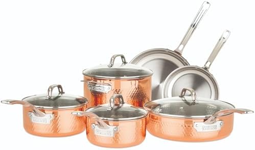 Viking 3-Ply Pots and Pans Set, 10 Piece Copper Kitchen Cookware with Glass Lids, Hammered Copper