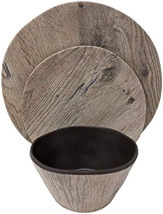 Gianna's Home 12 Piece Rustic Farmhouse Melamine Heavy Weight Plastic Dinnerware Set Wood Grain