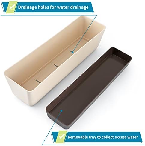 Skelang 3 Pcs Rectangular Plant Pot, 12" Watering Container with Drainage Hole, Window Planter Box with Saucer for Succulents, Flowers, Indoor Plants
