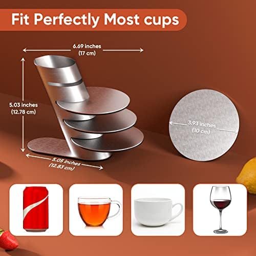 Cup Coasters, Newness Cup Coasters Set with Decorative Rack, Stainless Steel Tabletop Display Round Cup Coaster with Holder, Silver, Set of 4
