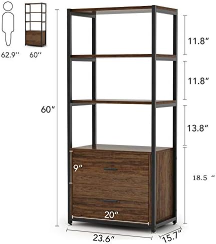 Tribesigns 4-Tier Bookcase Bookshelf with 2 Drawers (Rustic)