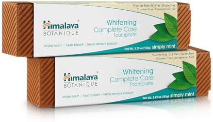 Himalaya Botanique Whitening Complete Care Toothpaste, Teeth Whitening, Fights Plaque, Fluoride Free, No Artificial Flavors, SLS Free, Cruelty Free, Foaming, Simply Mint Flavor, 5.29 Oz, 4 Pack