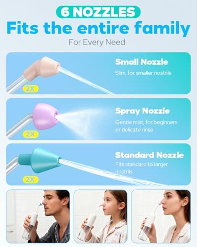 Nasal Irrigation System 300ml Tank with 6 Nozzles & 40 Salt Packets, Cordless Electric Nasal Rinse Machine for Sinus Relief & Allergies