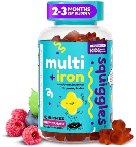 Squiggles Kids Multivitamin + Iron Gummies, Low Sugar Gummy Vitamins, 100ct | Kids Multivitamin with Iron Gummies