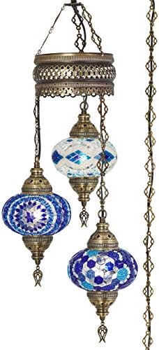 DEMMEX Plug-in Turkish Hanging Lamp, Handmade Moroccan Mosaic Chandelier Pendant Light Fixture with 15-ft Cord & Chain, Decorative Ceiling Lamp for Living Room, Bedroom, 3 Large 7'' Globes, 3.5 ft.
