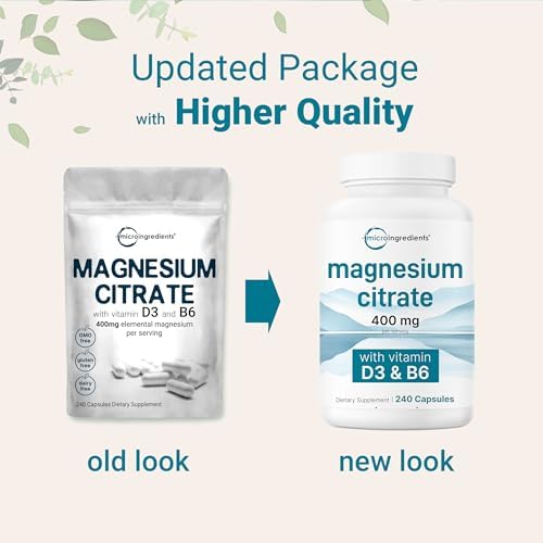 Micro Ingredients Magnesium Citrate 400mg, 240 Capsules | with Vitamin D3 1000IU & B6 | Muscle