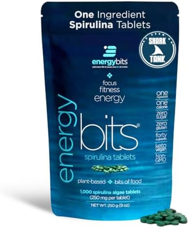ENERGYBITS Organic Spirulina Tablets (1000 Algae Tablets) Natural Superfood for Energy, Fitness & Focus - 5g Protein, 1 Calorie, Sugar Free - Omega 3 - Spirulina Capsules - Gluten Free, Keto & Vegan