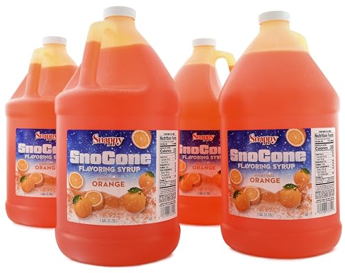 Snappy Orange Sno Cone Syrup, 1 Gallon 4 Pack, Ready to Use for Snow Cone Machines and Shaved Ice