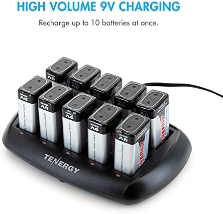 Tenergy 9V Batteries 600mAh 10PCS Li-ion 9 Volt Rechargeable Batteries with 10-Slot Li-ion 9V Battery Charger for Smoke Alarm/Detector