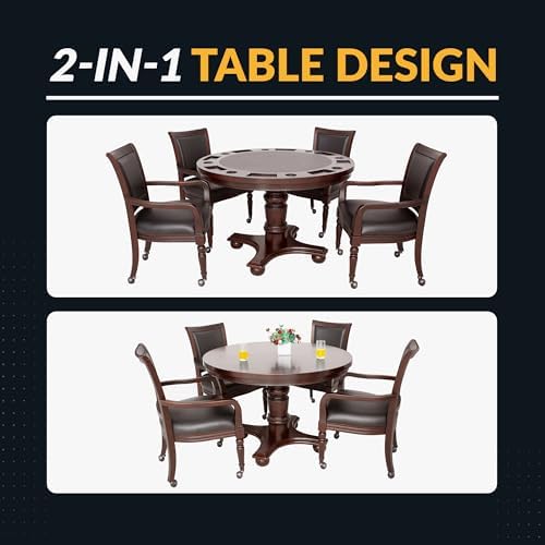 Hathaway Bridgeport 2 in 1 Round Poker Table and Chairs Set for Dining & Game Rooms – Furniture Grade Hardwood, Sturdy Pedestal Legs, Drink Holders