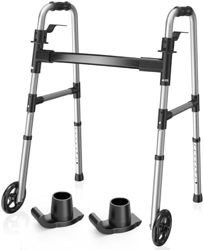 Loyoda Folding Walker with Basket and Glide Skis, 5" Wheels, Lightweight | Standard Walker for Seniors and Adults, Offers 8 Height Adjustments (31"-38"), Supports up to 350 lbs