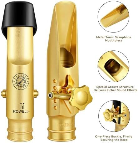 ROWELL Tenor Saxophone Metal Mouthpiece Jazz Sax Mouthpiece- 5-Level Adjustable Ligature & Protective Cap Full Tone for Jazz & Concert Band