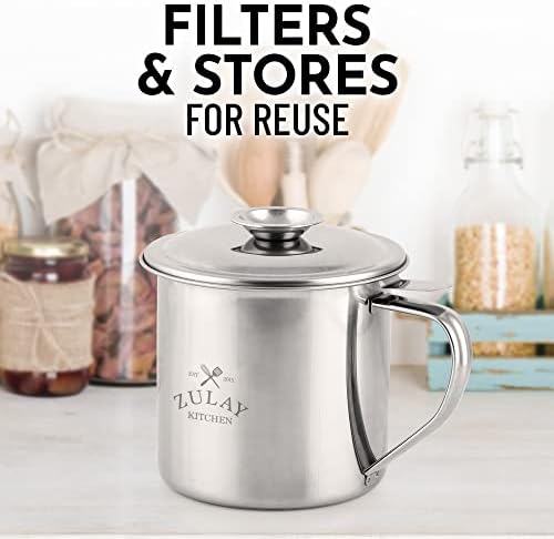Zulay Bacon Grease Container With Strainer, Lid & Handle -Large, 1L Stainless Steel - Perfect For Kitchen, Storing Ghee, Fats & Frying/Cooking Oils
