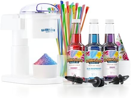 Hawaiian Shaved Ice S700 Kid-Friendly Snow Cone Machine Kit with 3-16oz. Syrup Flavors: Cherry, Grape, and Blue Raspberry, Plus 25 Snow Cone Cups