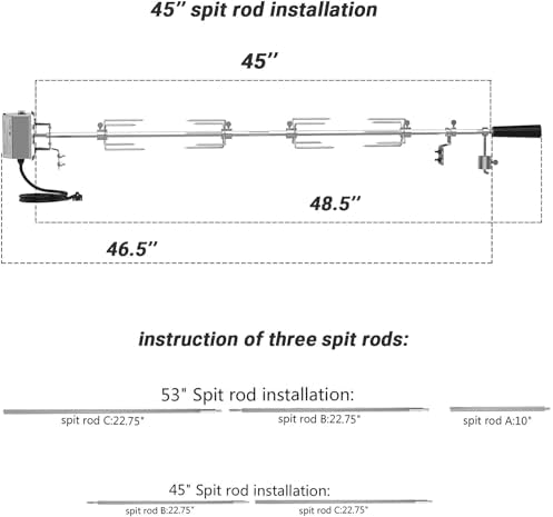 onlyfire Universal Grill Rotisserie Kit, 45"-53" x 1/2" Hexagon Spit Rod | For Most Gas Grills, For Outdoor Cooking