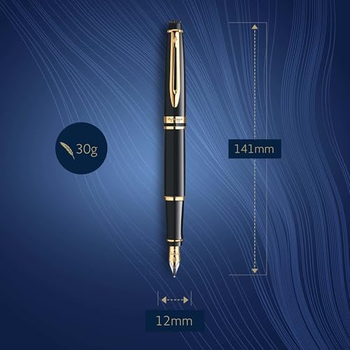 Waterman Expert Fountain Pen, Gloss Black with 23k Gold Trim, Medium Nib, Luxury Pen in Gift Box, Fountain Pen for Writing