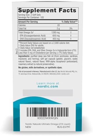 Nordic Naturals Ultimate Omega, 1280mg Omega-3 Fish Oil, Lemon - 60 Count | High-potency Omega-3 Fish Oil with EPA & DHA supports brain & heart health. Non-GMO, burpless formula. 30 servings.