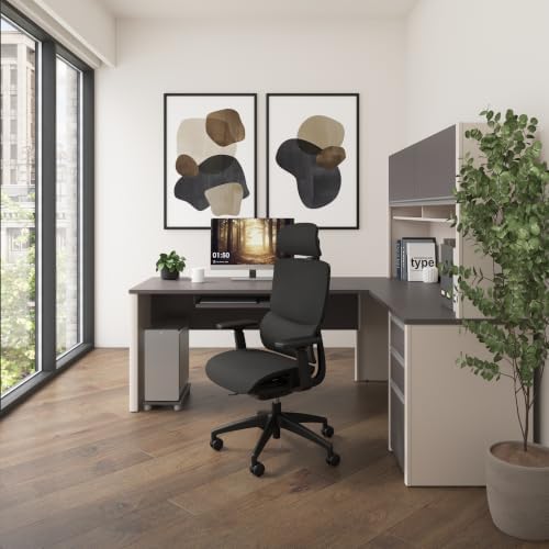 Bestar Connexion L Shaped Desk with Hutch and Pedestal in Slate and Sandstone