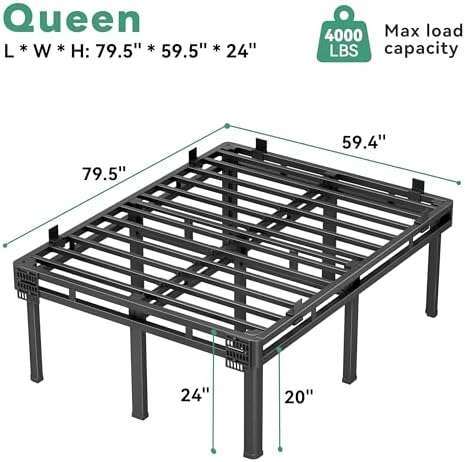 Superay 24 inch HIgh Queen Bed Frame with Rounded Legs, Double Layer Design | Metal Bed Frame & Box Spring 2 in 1 High Platform with Matress Gasket & headboard Adapter, Heavy Duty Support 4000lbs, Black