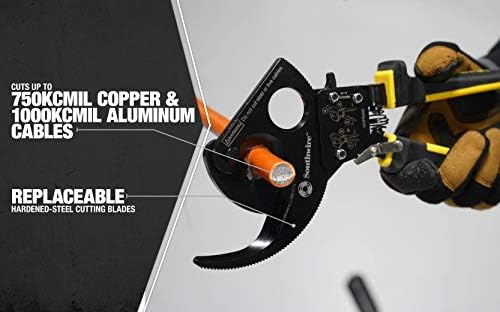 Southwire Cable Cutter Tool - Ratcheting Action for Smooth, Controlled Cuts - Hardened Steel Blades - Molded Grip - Cuts Copper & Aluminum Wire - 750 MCM Capacity