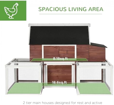 PawHut 114" Chicken Coop Wooden, Customizable Outdoor Chicken Cage Poultry Hen House with Nesting Box, Double Runs, Asphalt Roof, Ramp