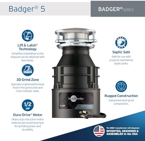 InSinkErator Badger 1 Garbage Disposal with Power Cord, Badger Series 1/3 HP Continuous Feed Food Waste Disposer