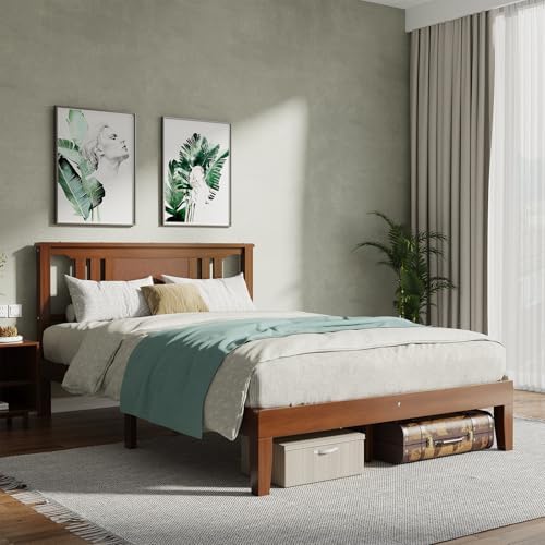 Solid Wood Bed Frame, Queen Size Platform Bed Frame with Headboard, Sturdy Wood Slat Support, Heavy Duty, No Box Spring Needed, Noise-Free, Easy Assembly