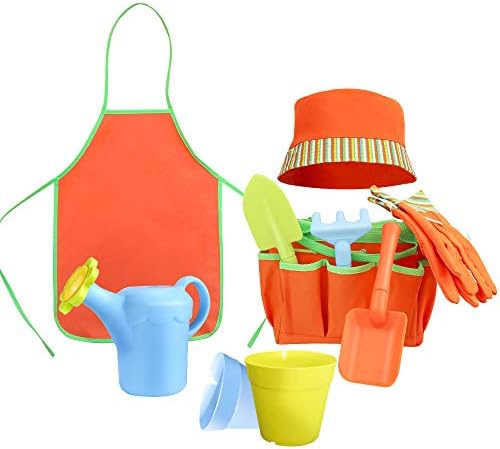 Kids Garden Tools Set with Sun Hat,Gloves,Apron,Storage Bag,Watering can,2pcs of Pots and 3pcs of Tools for Realing Gardening or Sand Outdoor Play