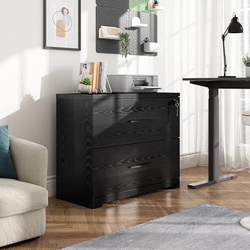 DEVAISE Lateral File Cabinet with Lock, 2 Drawer Filing Cabinet, Black