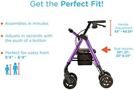 NOVA Star DX Foldable Rollator Walker, Wide Padded Seat, 8” Rugged All-Terrain Wheels, Easy-Grip Locking Hand Brakes, Fold Lock, Height Adjustable