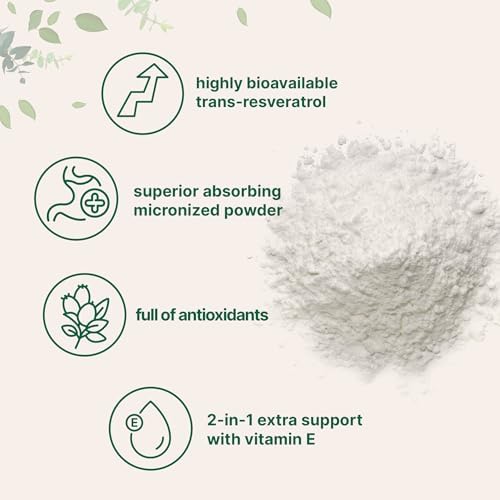Pure Trans-Resveratrol Powder with Vitamin E, 5 Ounce, 2 in 1 Formula, Micronized Powder for Better Absorption, Premium Resveratrol Supplement