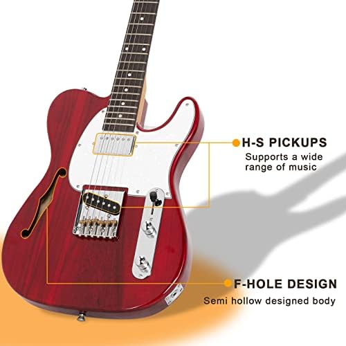 GLARRY 39" GTL Semi-Hollow Electric Guitar for Music Lover, HS Pickups Rosewood Fingerboard with Accessories Pack Guitar Bag(Transparent Wine Red)