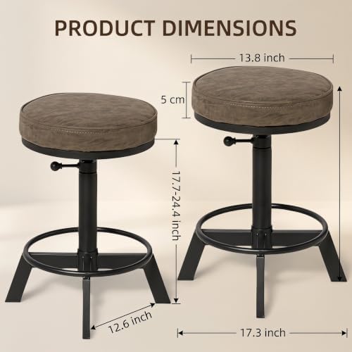 Set of 2 Industrial Bar Stools Short Stool Swivel Wooden Seat Kitchen Island Chairs Counter Height Adjustable 15.2-21inch