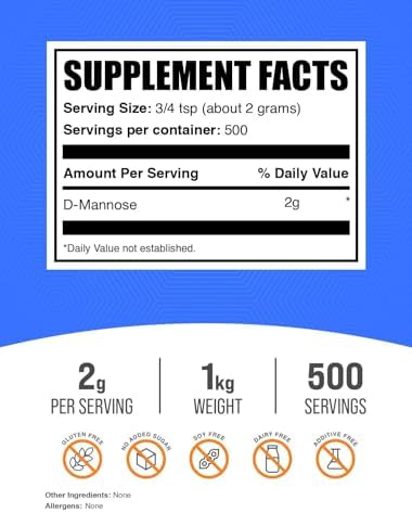 BulkSupplements.com D-Mannose Powder - D-Mannose Supplement, for Urinary Tract Health - Unflavored & Gluten Free, 2g per Serving, 500g (1.1 lbs) (Pack of 1)