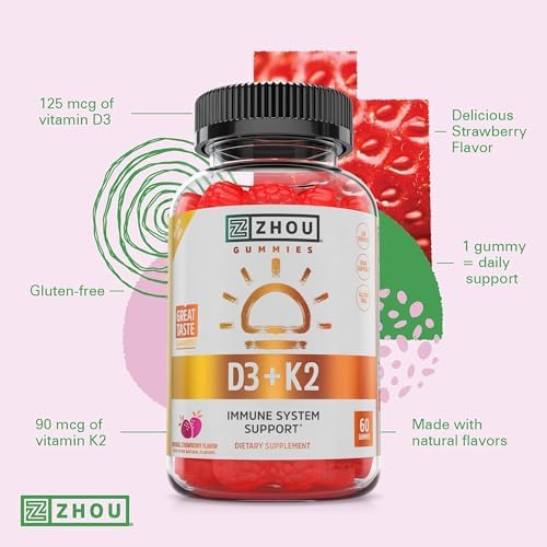 Zhou D3+K2 Supplement - 60 Veggie Gummies (Pack of 1)