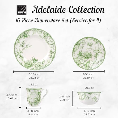 222 Fifth Adelaide 16-Piece Black Porcelain Dinnerware Set – Service for 4, Featuring Hand-Applied Romantic Woodland Bird Design